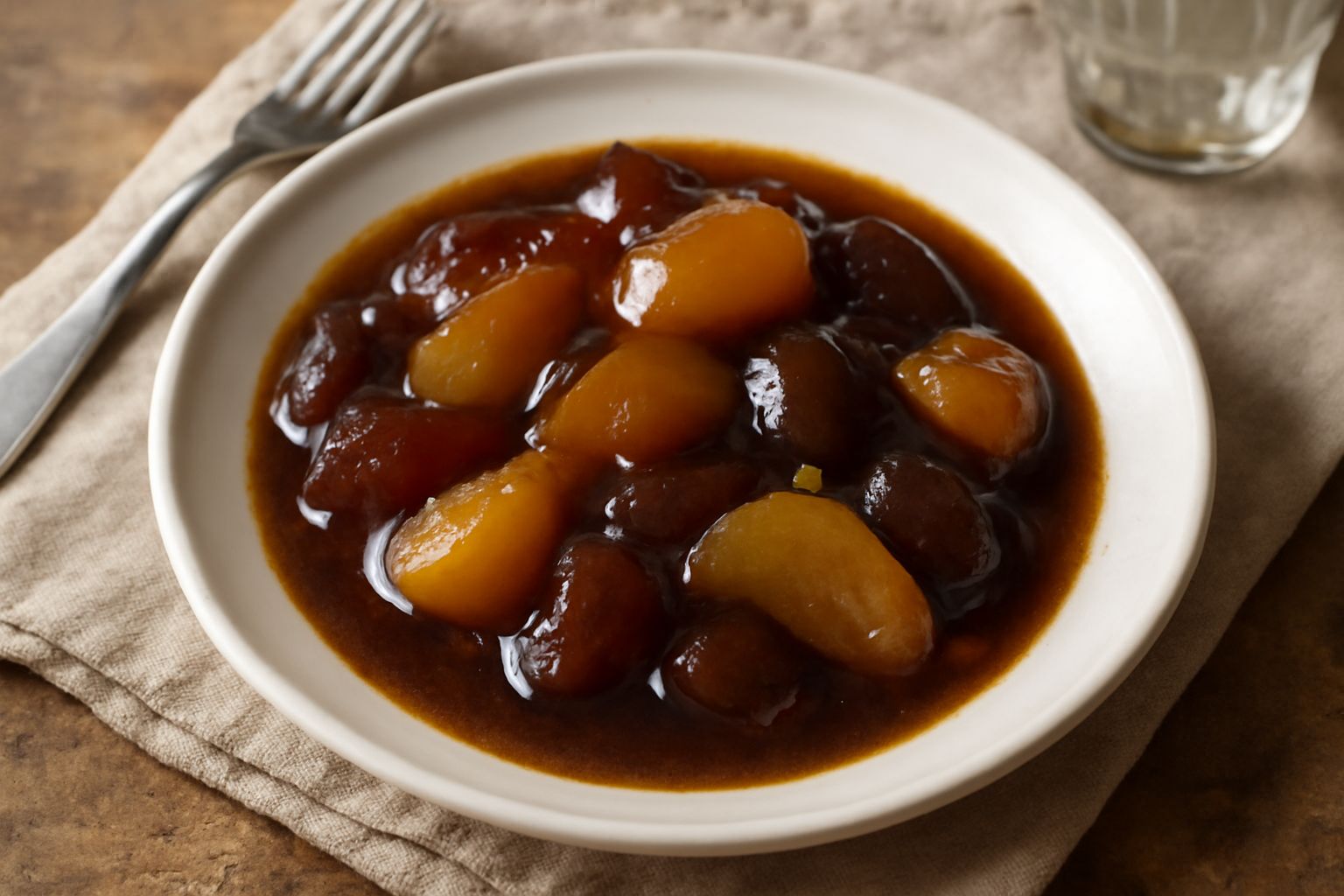 Mostarda bresciana in un barattolo di vetro trasparente: frutta brillante in scuro brunastro, pezzi di mela e pera visibili, liquido denso e cremoso di colore bruno-dorato, servita in una ciotola di c
