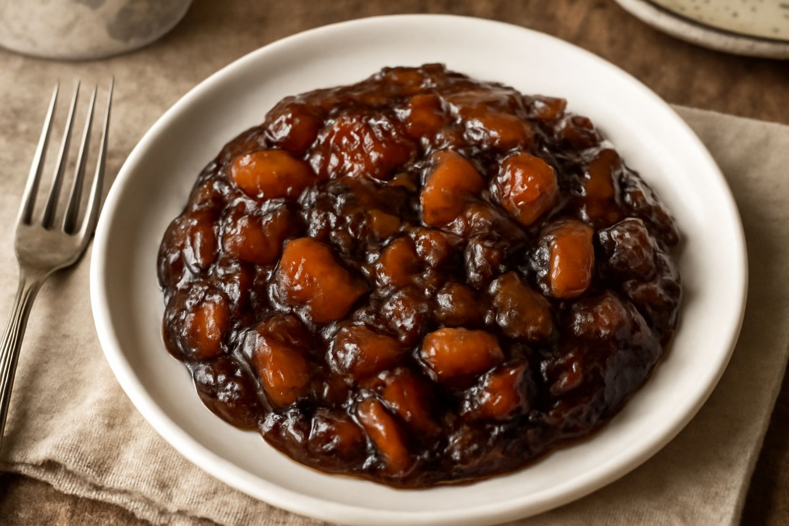 Barattolo di mostarda calabrese con frutta e verdura immerse in una glassa agrodolce densa, color ambra scuro, con semi di senape visibili, accanto a una fetta di pane tostato