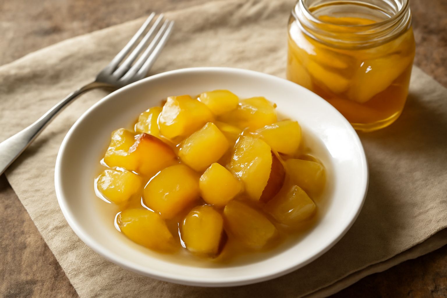 Barattolo di vetro con mostarda comasca: pezzi di frutta dorata e leggermente lucida immersi in sciroppo trasparente, con buccia visibile di mele e pere tagliate a cubetti, vapore leggero ancora visib