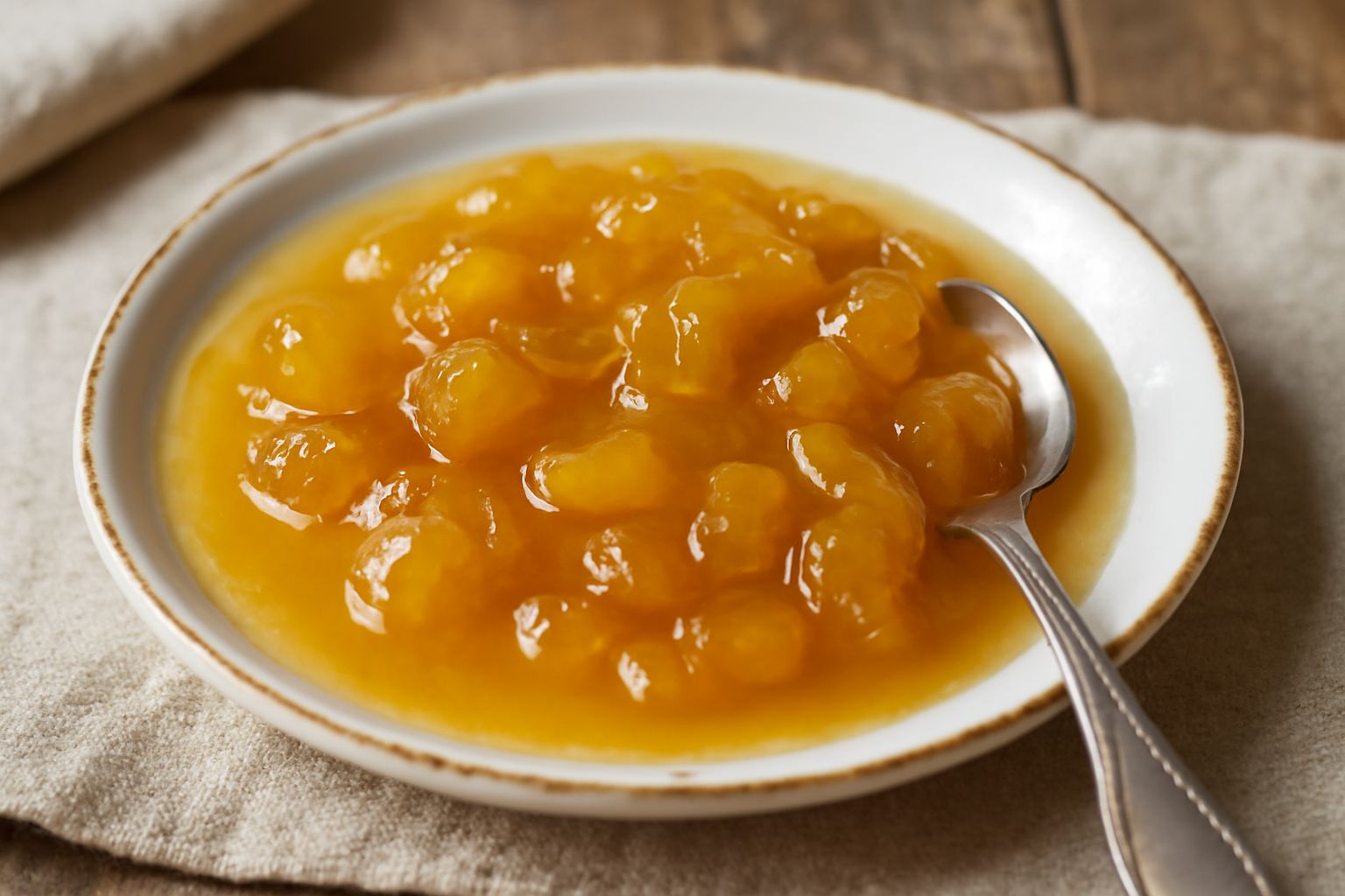 Mostarda d'Asti in barattolo di vetro con frutta visibile giallo-ambra, pezzetti di mela e pera, accompagnata da cucchiaio di legno e alcuni frutti freschi accanto