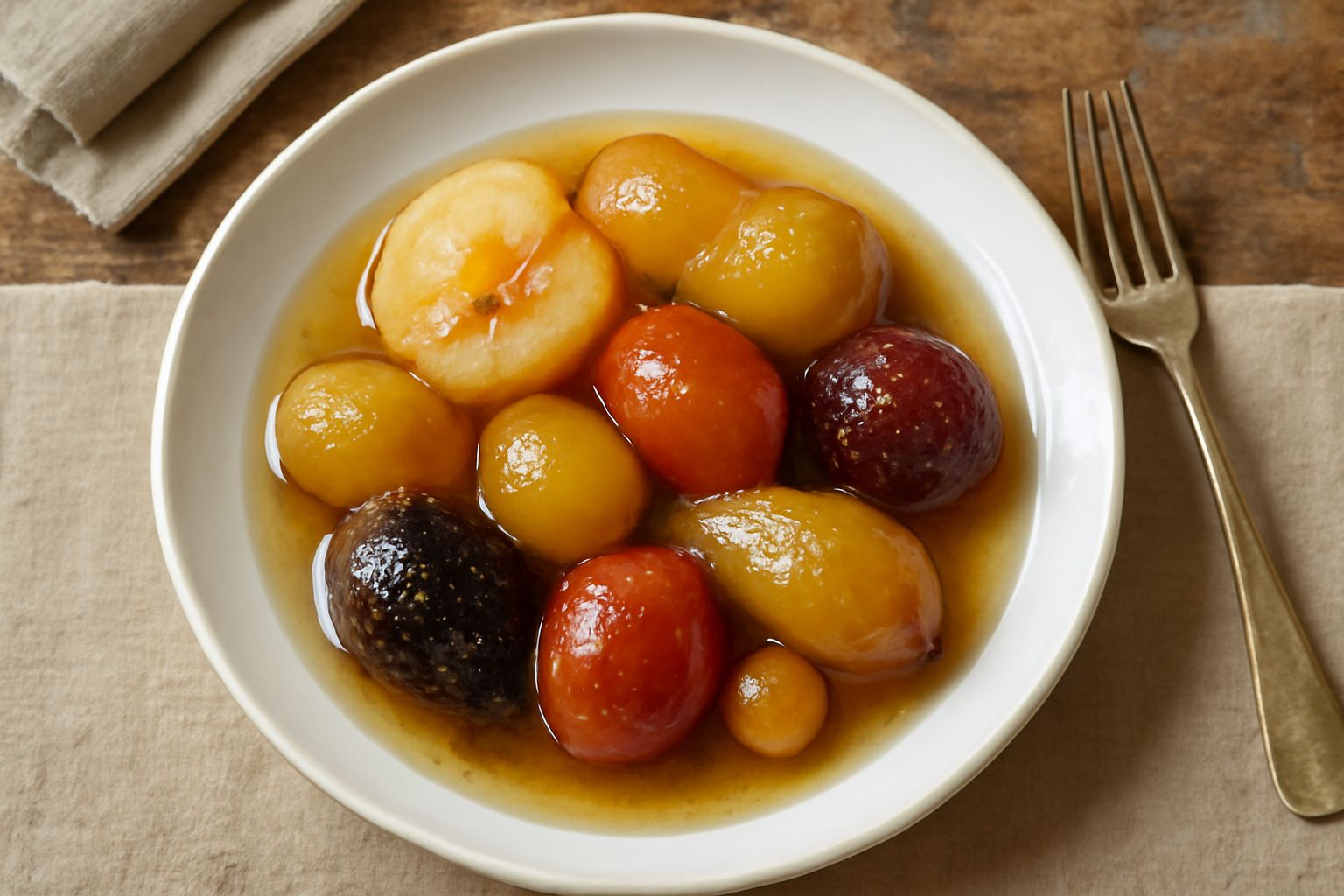 Mostarda di Asti in ciotola di vetro trasparente, con pezzi di frutta colorata in sciroppo dorato e brillante, senape in grani visibili, fondo bianco sfocato
