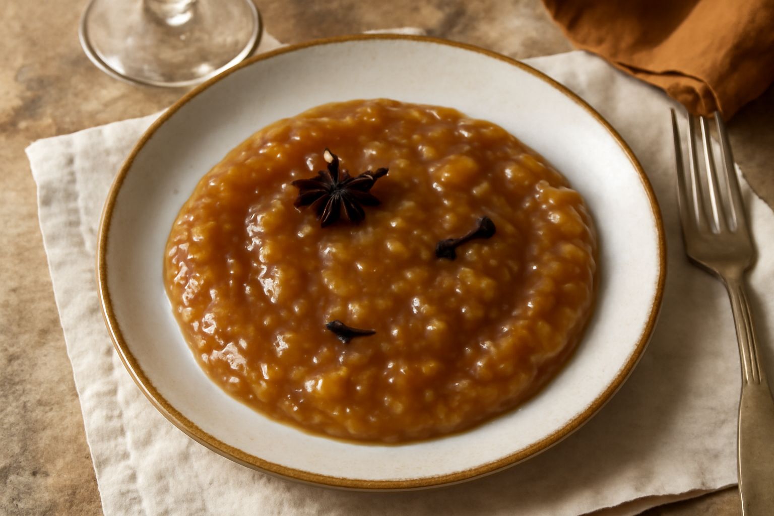 Vasetto di mostarda di castagne con conserva marrone-dorata, pezzi di castagna visibili, spezie in superficie, servita in ciotola bianca con formaggi e pane tostato sullo sfondo