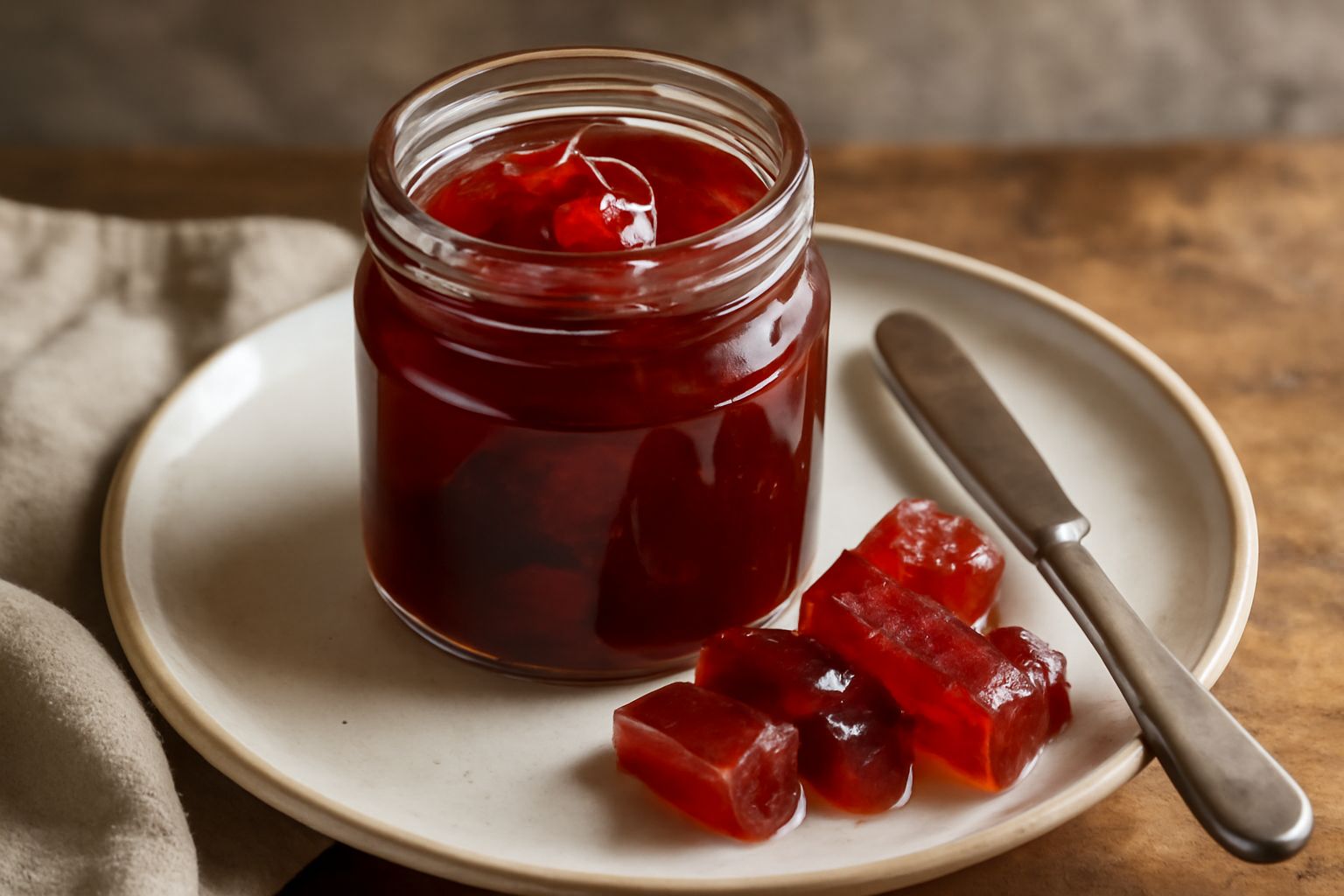 Vasetto di vetro con mostarda di cotogne di colore rosso scuro, pezzi di cotogna visibili, coperto con un disco di pergamena e spago, su un tavolo di legno con cotogne fresche intere accanto