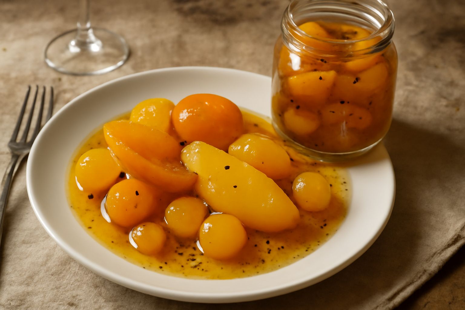 Mostarda di Cremona in barattolo di vetro: piccoli pezzi di frutta giallo-dorata in sciroppo denso con visibili semi scuri di senape, sfondo bianco