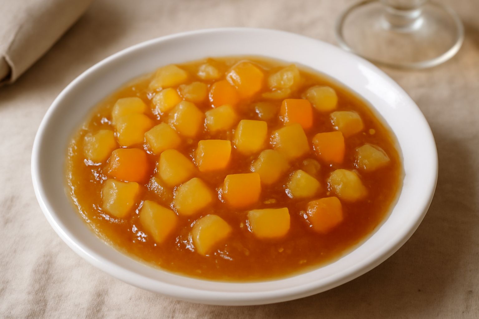 Mostarda di Cremona genovese in vasetto di vetro trasparente con frutti canditi giallo dorato e arancio, salsa densa color ambra, cucchiaio di legno naturale su fondo bianco