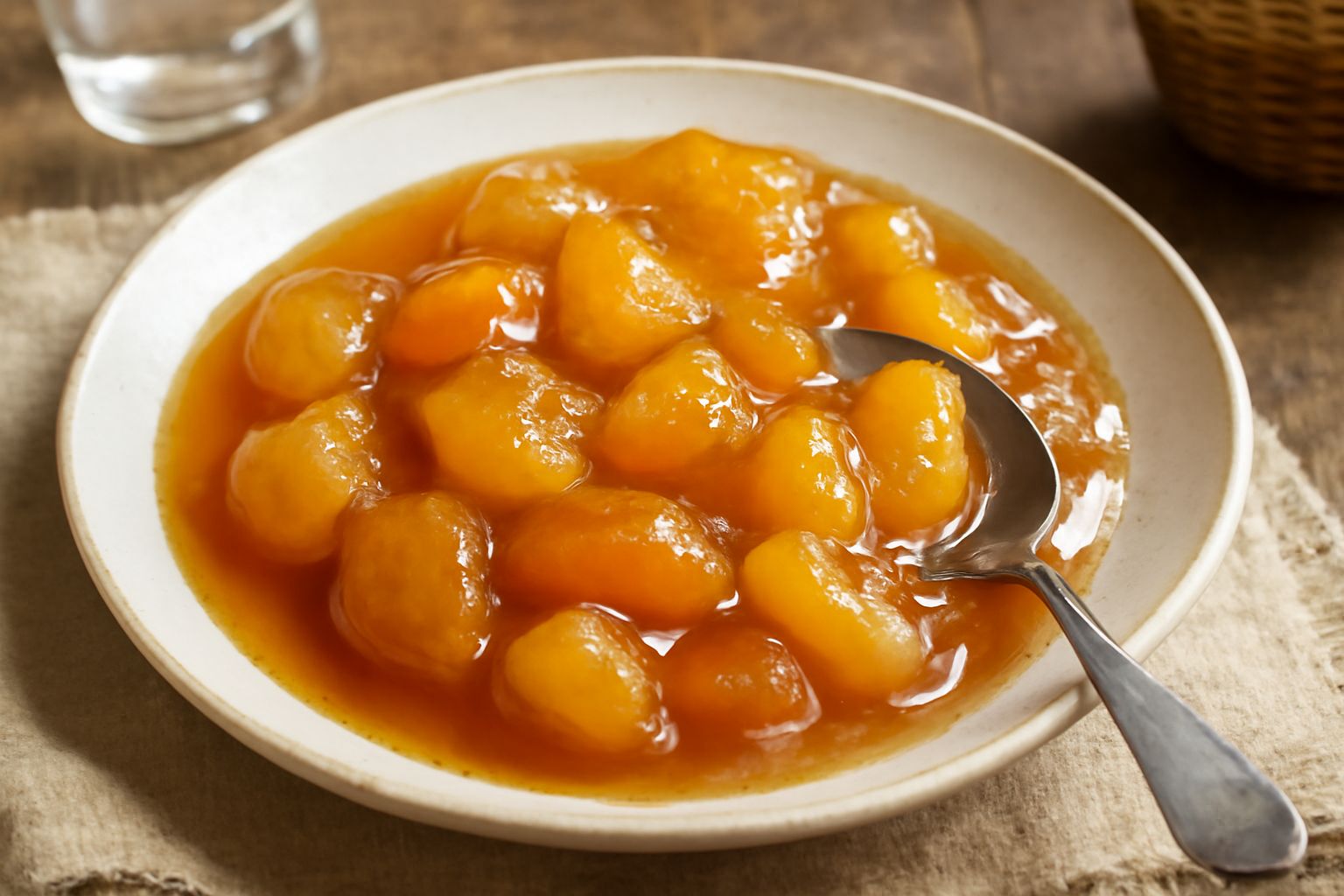 Mostarda di Cuneo in barattolo di vetro con frutta mista visibile (mele, pere, albicocche), colore ambrato brillante, cucchiaio di legno appoggiato sulla superficie, sfondo di tessuto a quadri rossi e