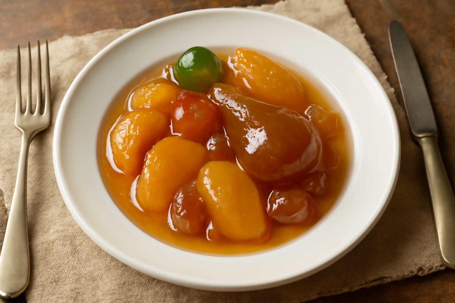 Barattolo di vetro con mostarda di frutta color ambra, contiene pezzi di mela e pera trasparenti, in primo piano su tavolo di legno chiaro con un cucchiaio d'argento appoggiato a lato