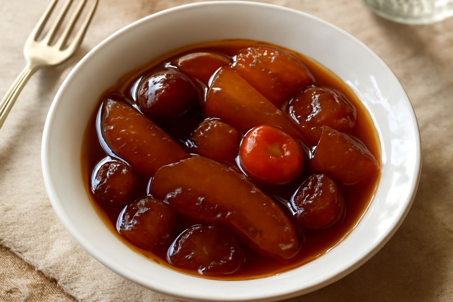 Mostarda di frutta forlivese in una ciotola di ceramica bianca: conserva trasparente color ambra con pezzi di frutta scura visibili, sciroppo denso e lucente che ricopre la frutta, cucchiaio d'argento