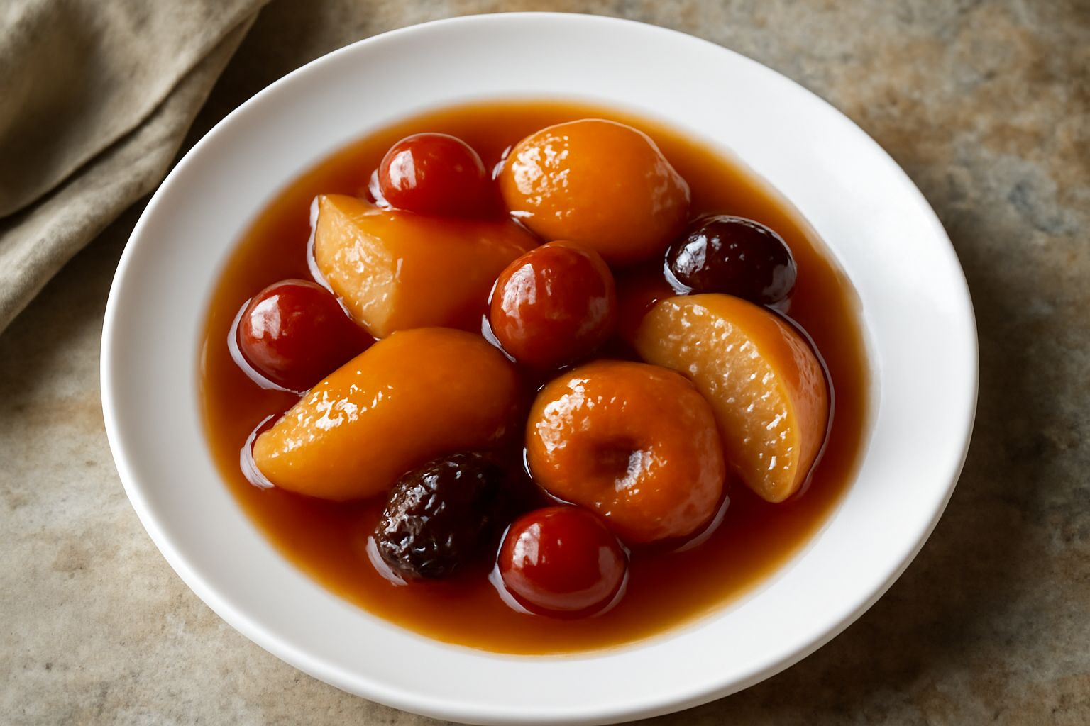 Barattoli di vetro con mostarda di frutta lariana di colore ambrato, pezzi di frutta visibili, accanto a una ciotola con frutti misti freschi e un cucchiaio di legno