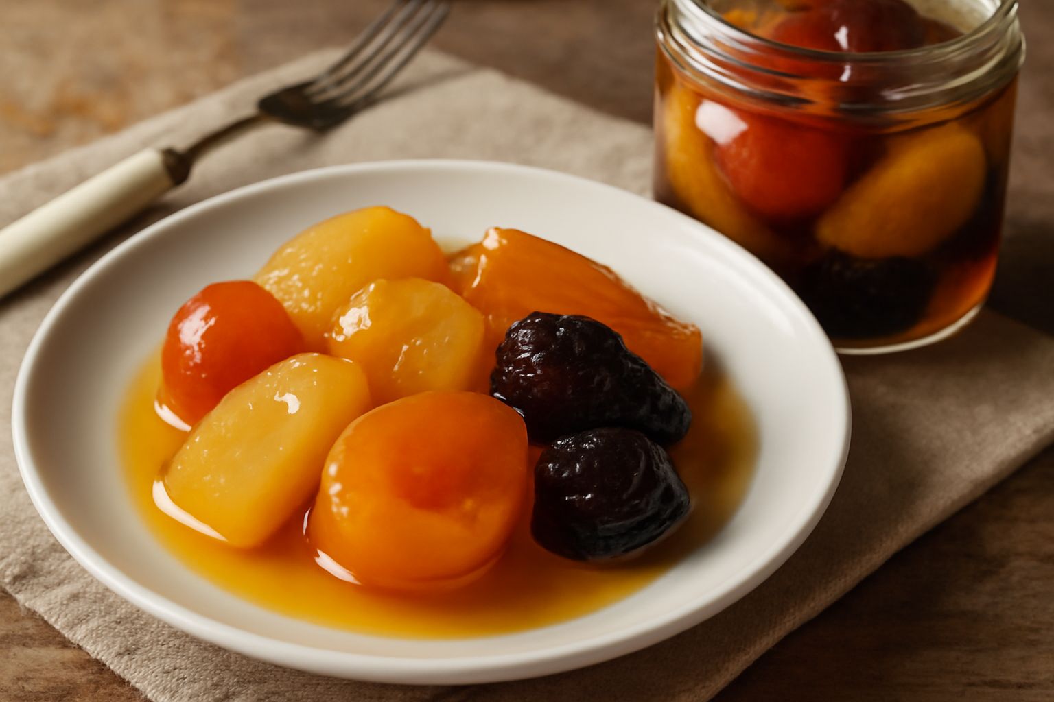Mostarda di frutta mista in vasetto di vetro trasparente con coperchio metallico, su sfondo bianco. Frutta candita di colore giallo, rosso e arancione visibile all'interno del barattolo, con sciroppo 