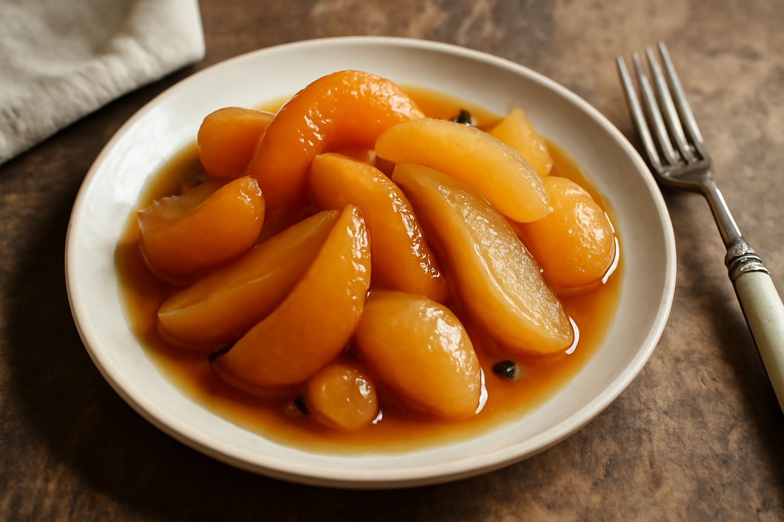 Mostarda di frutta friulana in barattolo di vetro: pezzi di melone, mela e pera di colore arancio, giallo e brunastro immersi in sciroppo trasparente ambrato, con spezie visibili e vapore ancora sulla