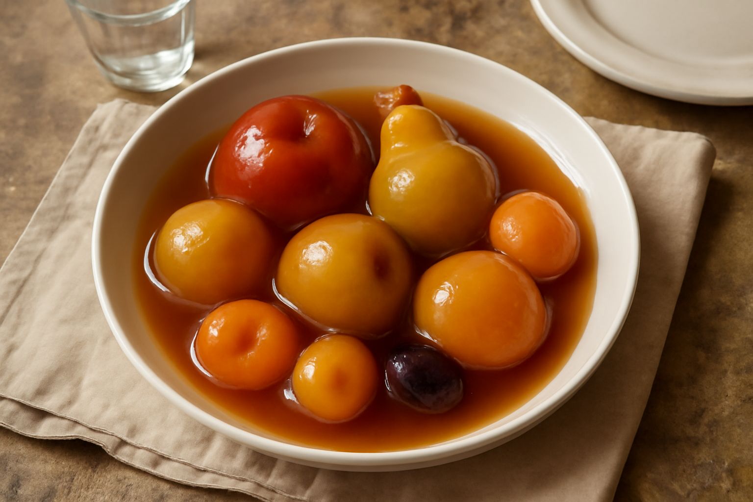 Barattolo di vetro con mostarda modenese: frutta intera in sciroppo ambrato con tonalità scure, pezzetti di frutta visibili, con cucchiaio di legno accanto su tavolo bianco