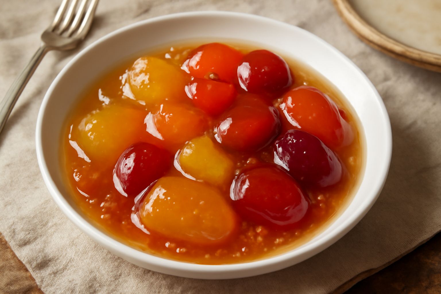 Mostarda di frutta novarese in un piatto bianco: frutta candita di colori diversi, gialla, rossa e arancione, ricoperta di una lucida glassa trasparente con riflessi dorati, con qualche semino di sena