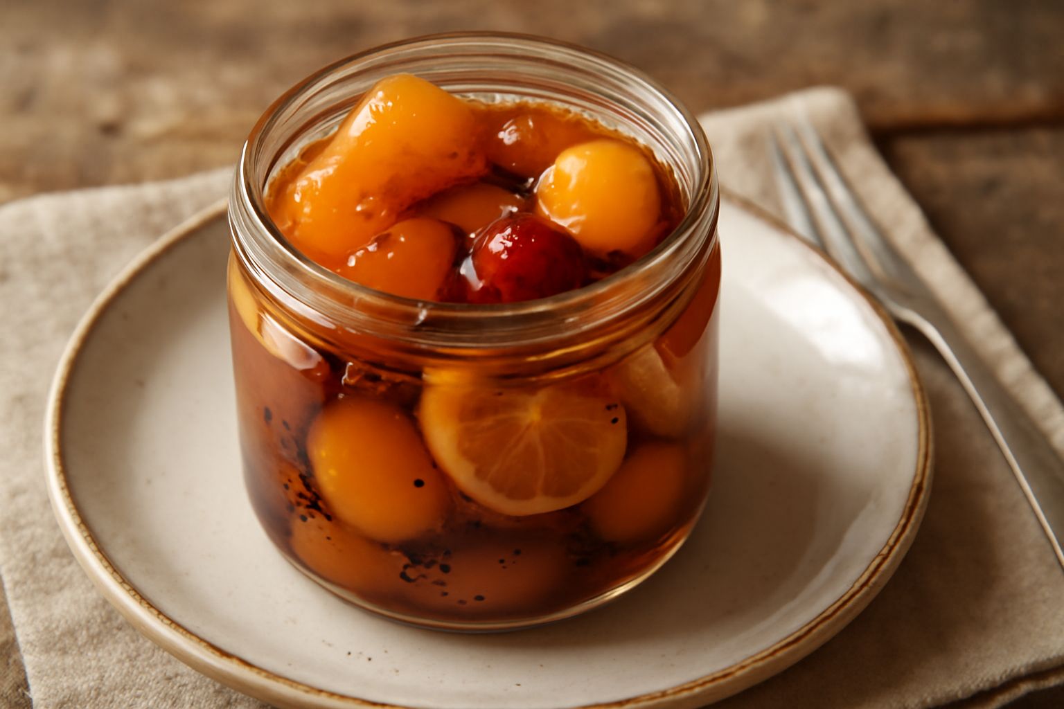 Barattolo di vetro con mostarda di frutta pavese contenente pezzi di frutta mista in sciroppo dense e semi di senape visibili, tinta dorata e ambrata, con etichetta di carta beige legata con spago rus