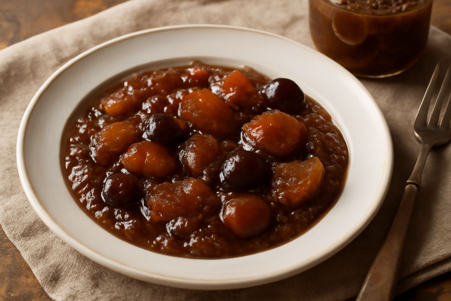 Vasetto di vetro trasparente con mostarda di frutta piemontese marrone ambrata, pezzi di frutta visibili, con etichetta di carta legata con spago, su sfondo di legno scuro.