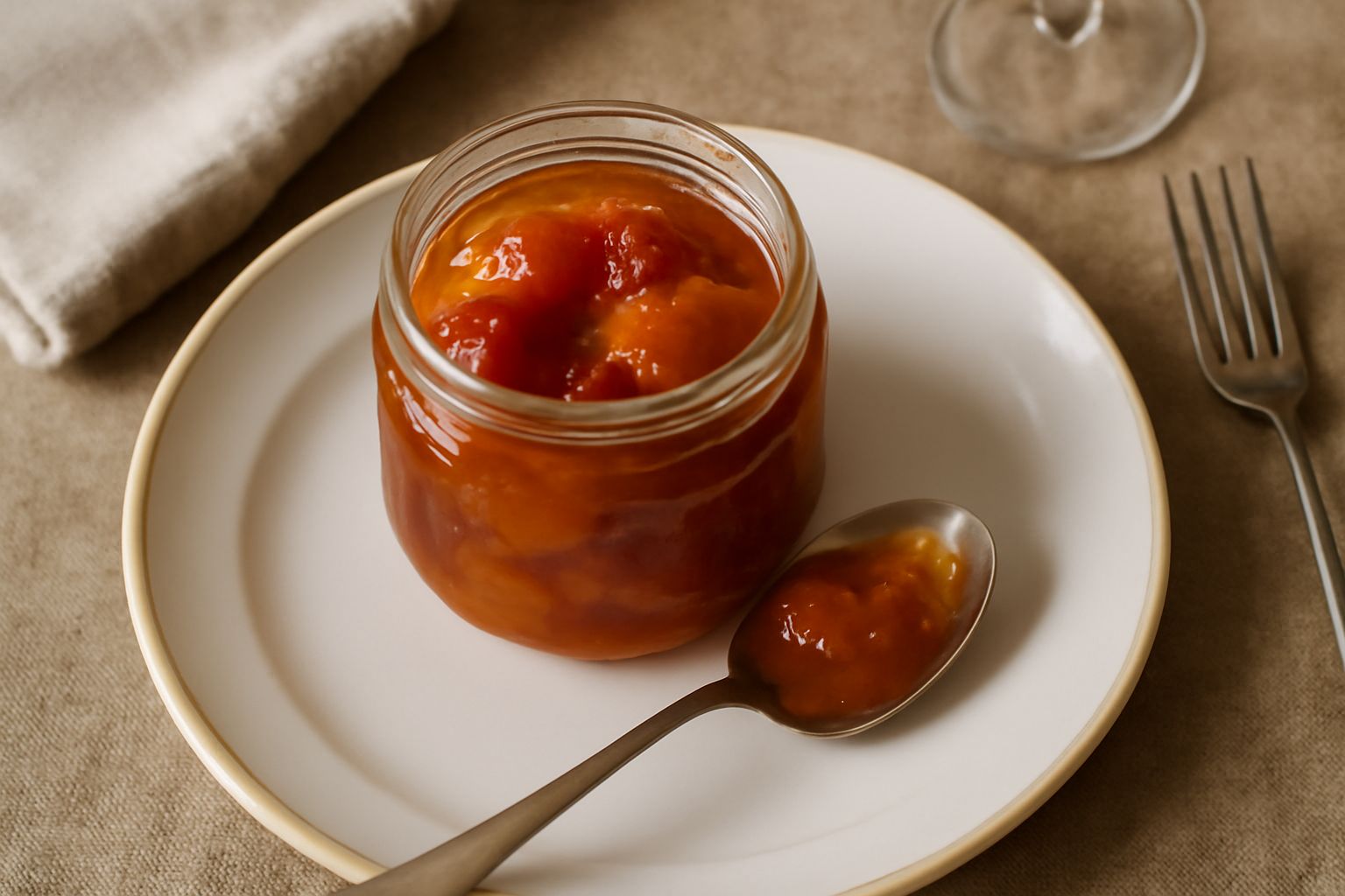 Barattolo di vetro con mostarda toscana color ambra, densa e cremosa, con pezzi di frutta visibili, accanto a una fetta di pane tostato e un cucchiaio di legno