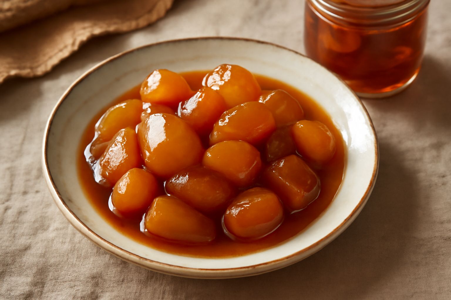 Mostarda di Mantova in vasetto di vetro trasparente, con pezzi di frutta dorata e ambrata in sciroppo denso, su sfondo bianco con cucchiaino di metallo