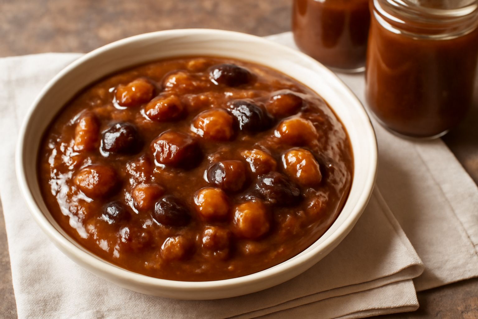 Mostarda di Marsala in una ciotola di ceramica bianca, colore marrone dorato brillante, con pezzetti di frutta interi visibili e una consistenza densa e cremosa, servita con pane tostato sullo sfondo