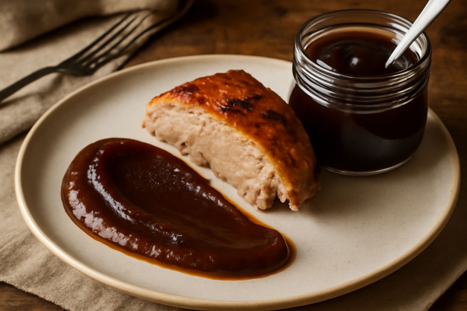 Mostarda di mosto cotto color ambra scuro, densa e lucida, servita in un piattino bianco con cucchiaino d'argento, accompagnata da fette di formaggio e pane tostato