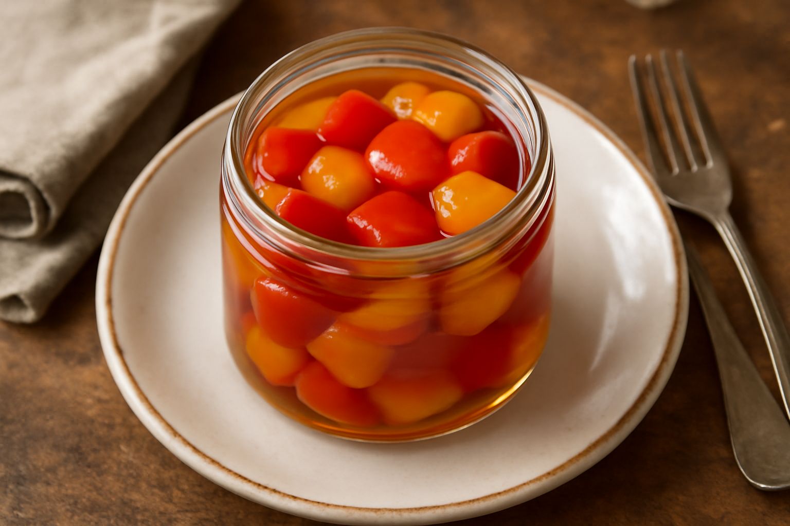 Barattolo di vetro con mostarda di peperoni color rosso arancio, pezzi di peperone visibili immersi nel liquido trasparente ambrato, con un cucchiaio di legno appoggiato accanto e sfondo bianco