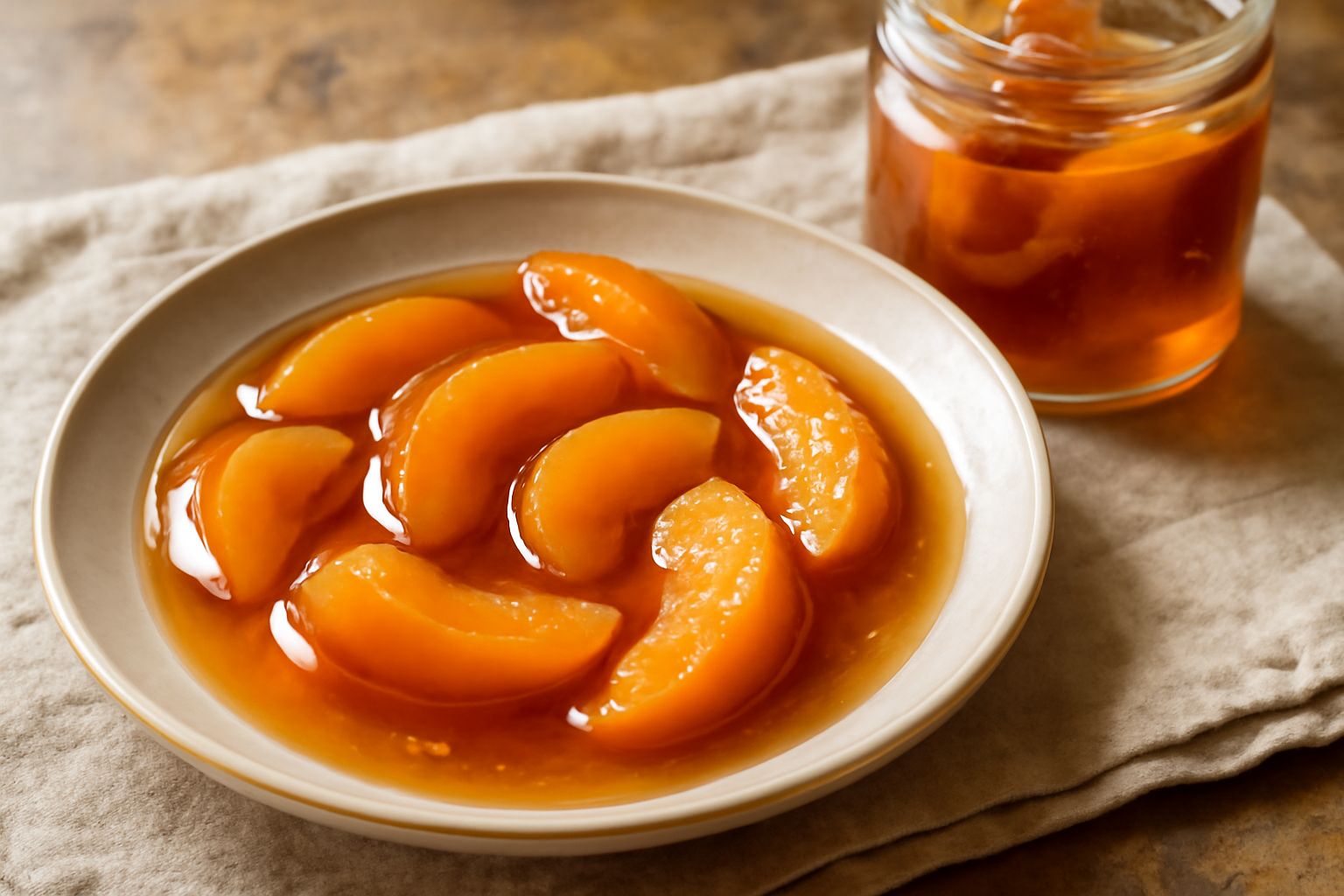 Vasetto di vetro con mostarda di pesche: polpa arancione e spicchi di frutto trasparenti in uno sciroppo ambrato, con accanto un piatto bianco con due cucchiaini di conserva e mandorle tostate