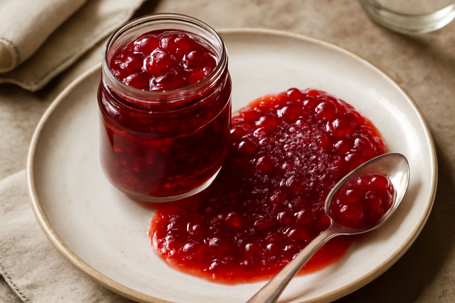 Vasetto di vetro con mostarda di ribes rosso trasparente e brillante, con visibili i chicchi interi, circondata da rami di ribes fresco con bacche rosse e foglie verdi