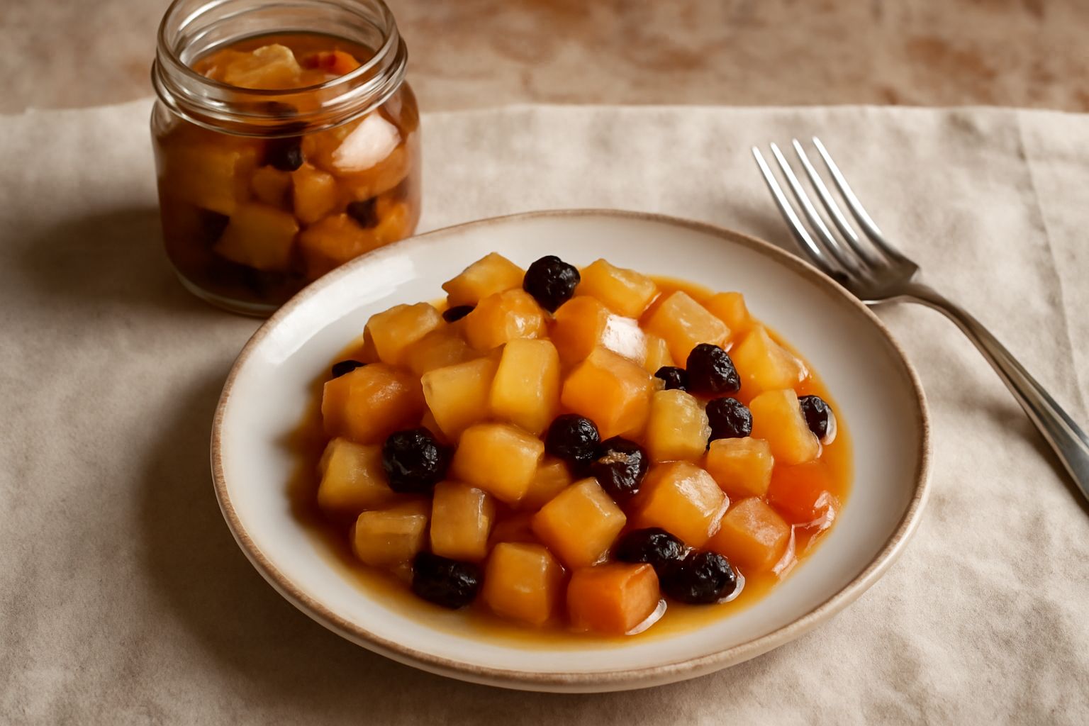 Mostarda di Rovigo in un vasetto di vetro con frutta mista scura e lucida in sciroppo, accanto a una fetta di formaggio e un cucchiaio di legno su un tavolo di marmo bianco