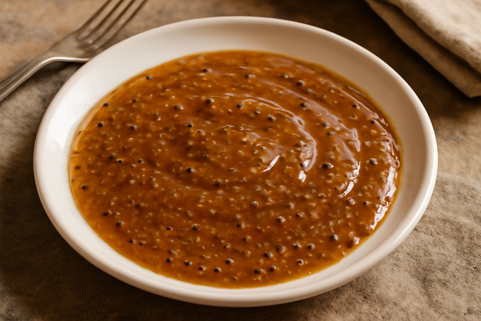 Mostarda di senape in un barattolo di vetro trasparente, con granuli scuri di senape visibili nel liquido ambrato e denso, circondata da pezzi di formaggio e salumi su un tavolo rustico