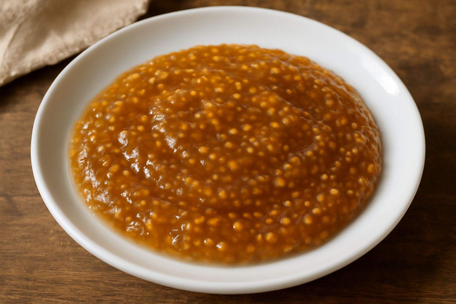 Vasetto di mostarda di senape bresciana color ambrato con grani di senape ben visibili, servita in una ciotola di ceramica bianca accanto a fette di pane tostato e formaggio