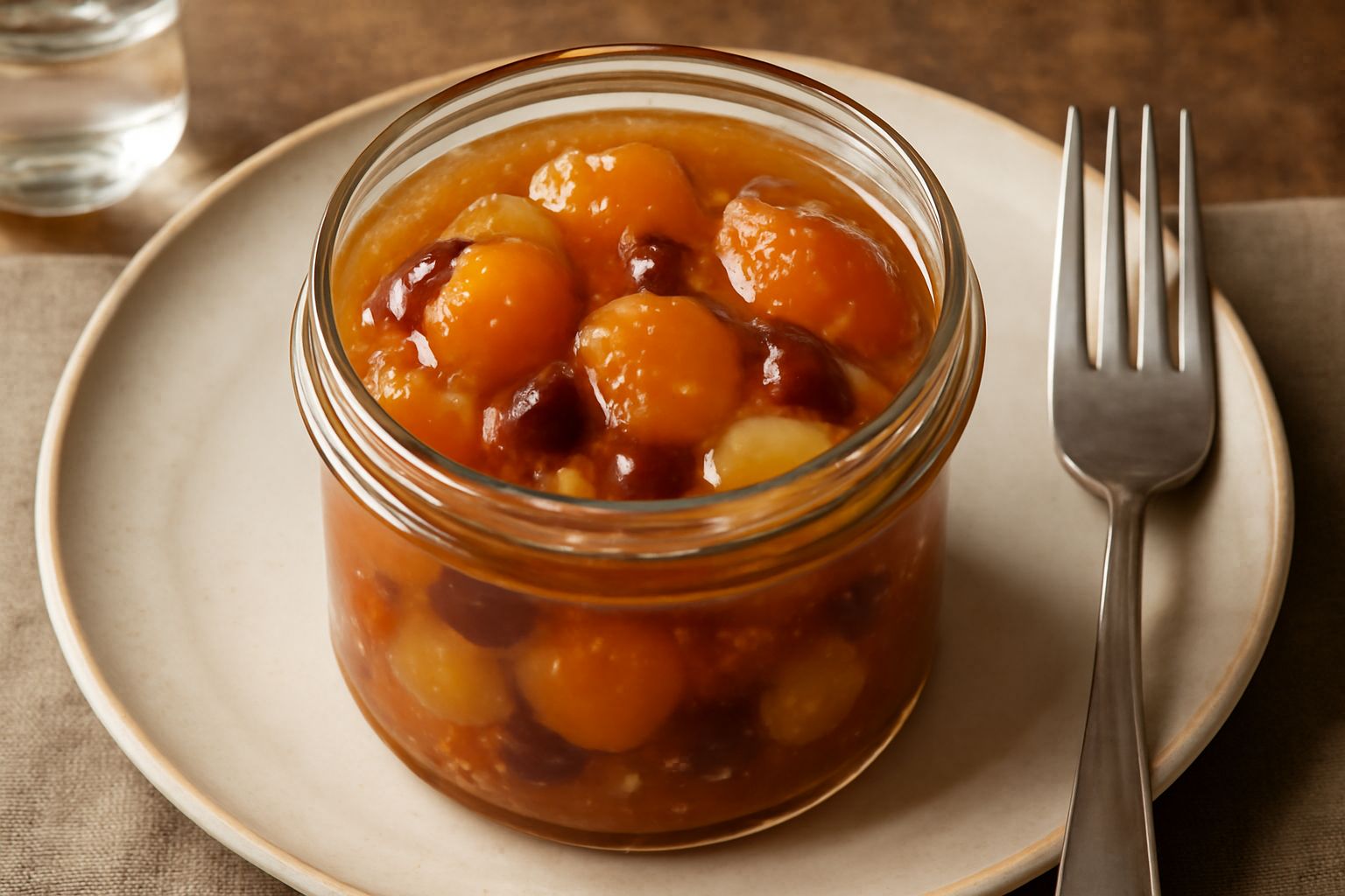 Vasetto di vetro con mostarda di Trento: frutti interi canditi in salsa ambrata e densa, con riflessi dorati, su fondo di legno rustico