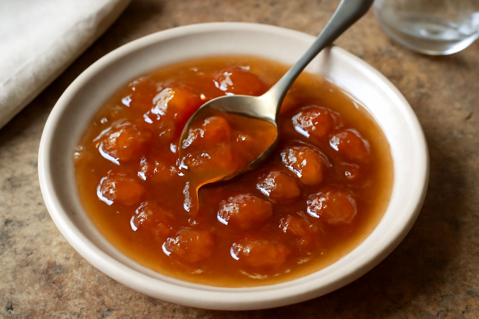 Barattolo di vetro con mostarda di Udine dorata e trasparente, con visibili pezzi di frutta scura, accanto a una cucchiaiata servita su un piatto bianco con pane tostato