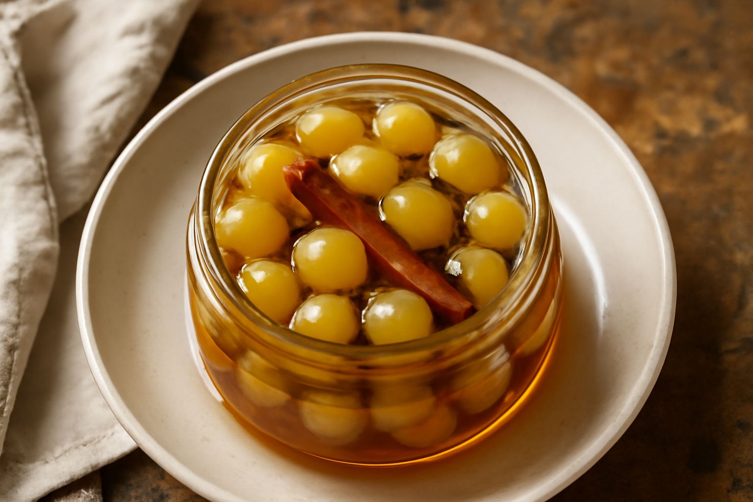 Vasetto di vetro riempito di mostarda di uve moscato: uve bianche intere immerse in sciroppo trasparente e ambrato, con spezie visibili come bastoncini di cannella e chiodi di garofano, sfondo bianco