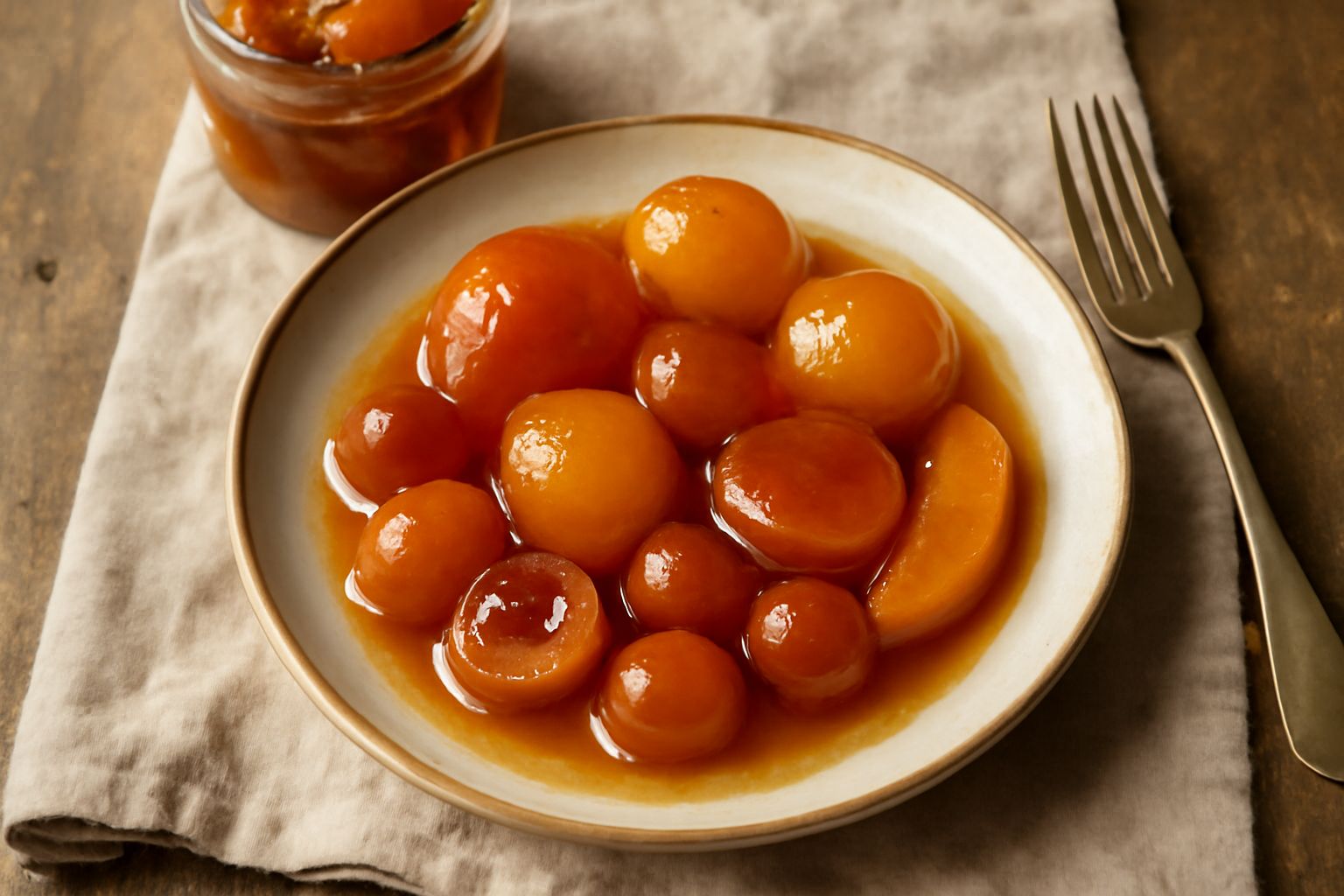 Mostarda di Verona in barattolo di vetro trasparente, frutta intera visibile nel liquido denso ambrato, cucchiaio di legno con mostarda che cola lentamente, accanto formaggi e salumi sfocati.