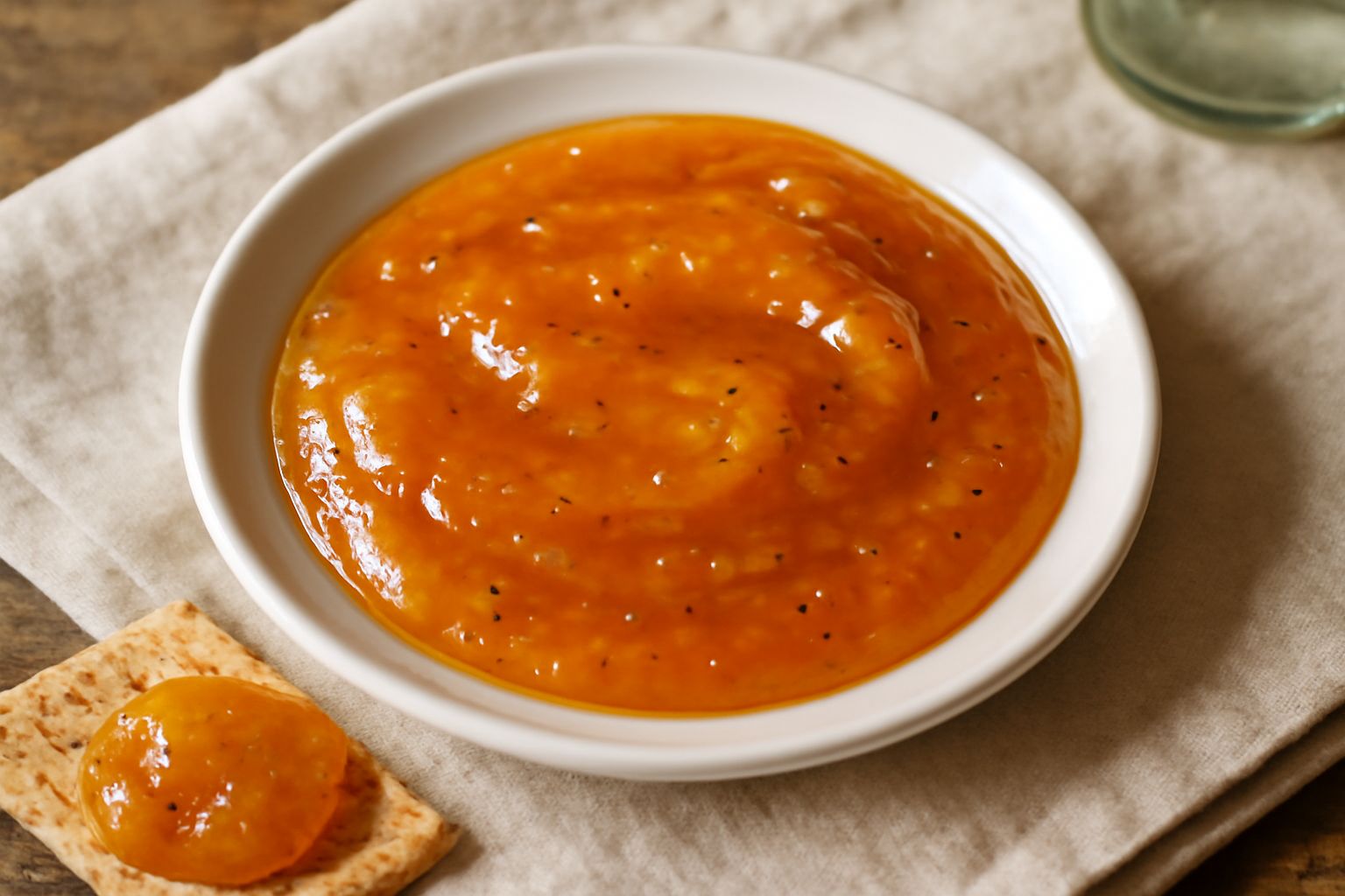 Vasetto di vetro trasparente con mostarda di zucca di colore arancio dorato, con semi di senape visibili sulla superficie, su sfondo bianco con una piccola palla di ricotta e una cracker accanto