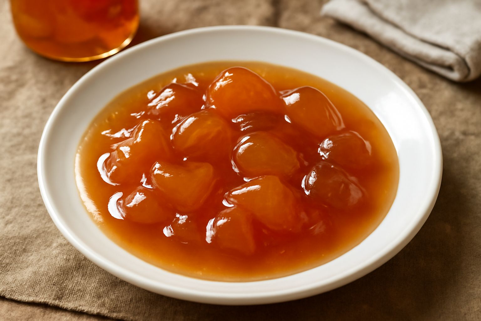Mostarda dolce in barattolo di vetro trasparente con pezzi di frutta visibili, colore ambrato dorato, con fondo di cucina in legno e cucchiaio