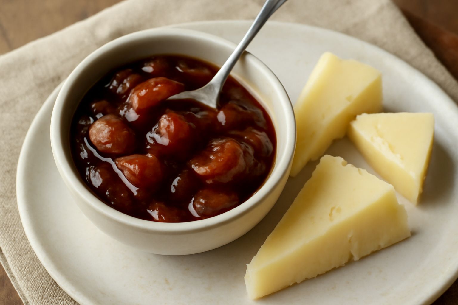 Mostarda dolce reggiana in una ciotola di ceramica bianca, colore marrone ramato denso, con frammenti di frutta visibili e superficie lucida, cucchiaio di legno accanto