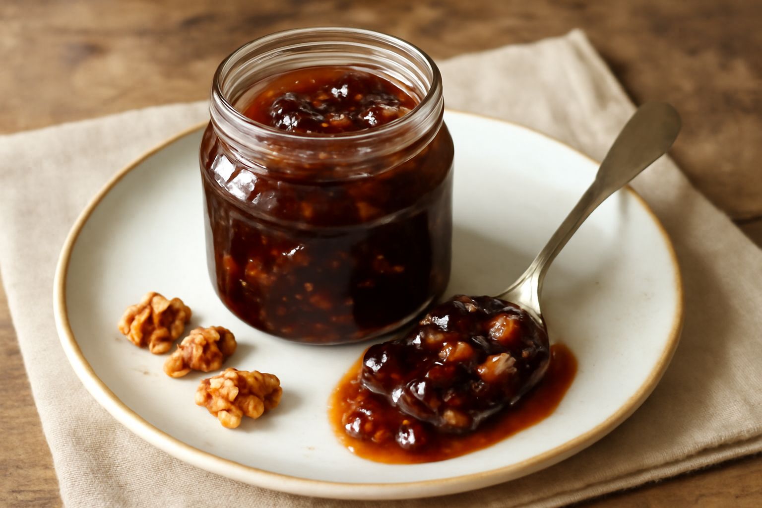Mostarda d'uva e noci in barattolo di vetro trasparente, color ambrato scuro, con chicchi d'uva visibili e frammenti di noci tostate, servita in ciotola bianca con formaggi stagionati