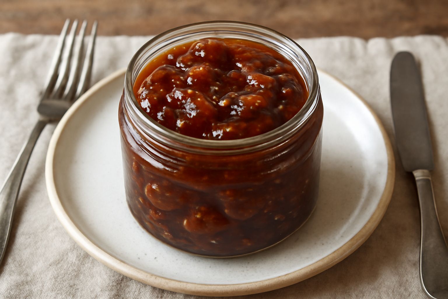 Mostarda ferrarese in un barattolo di vetro trasparente con pezzi di frutta visibili in una salsa marrone dorata, con un cucchiaio di legno appoggiato a fianco e una fetta di pane tostato sfocata sull
