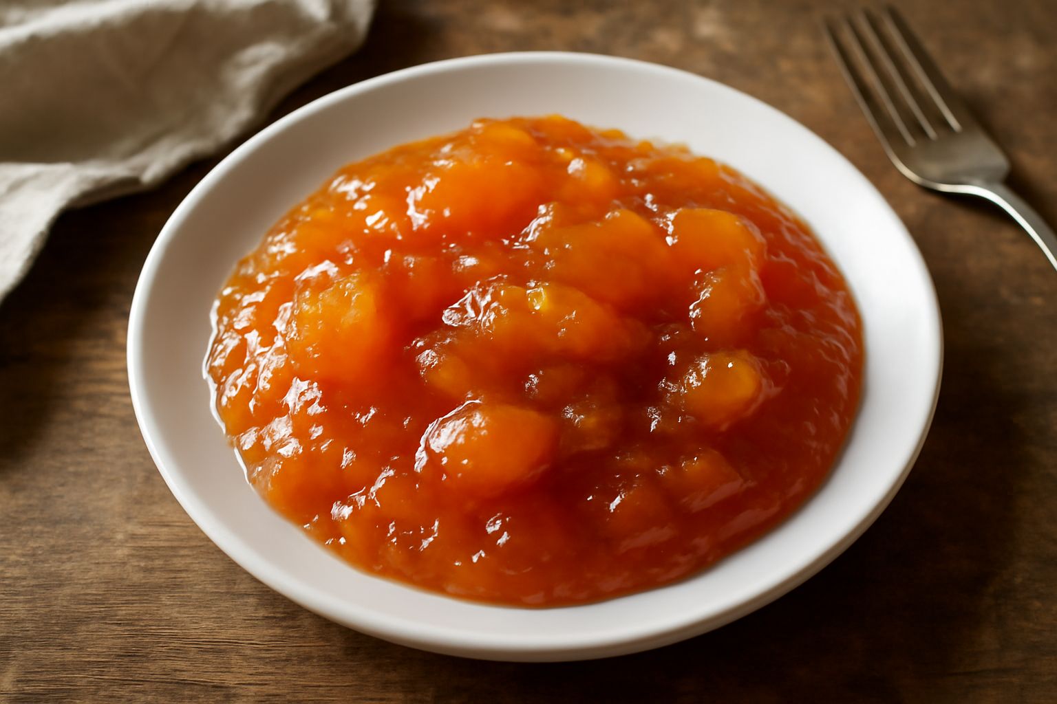 Mostarda friulana dolce in una ciotola di ceramica bianca, colore ambra scuro con pezzi di frutta visibili, cucchiaio di legno dentro, fondo di tavolo di legno naturale