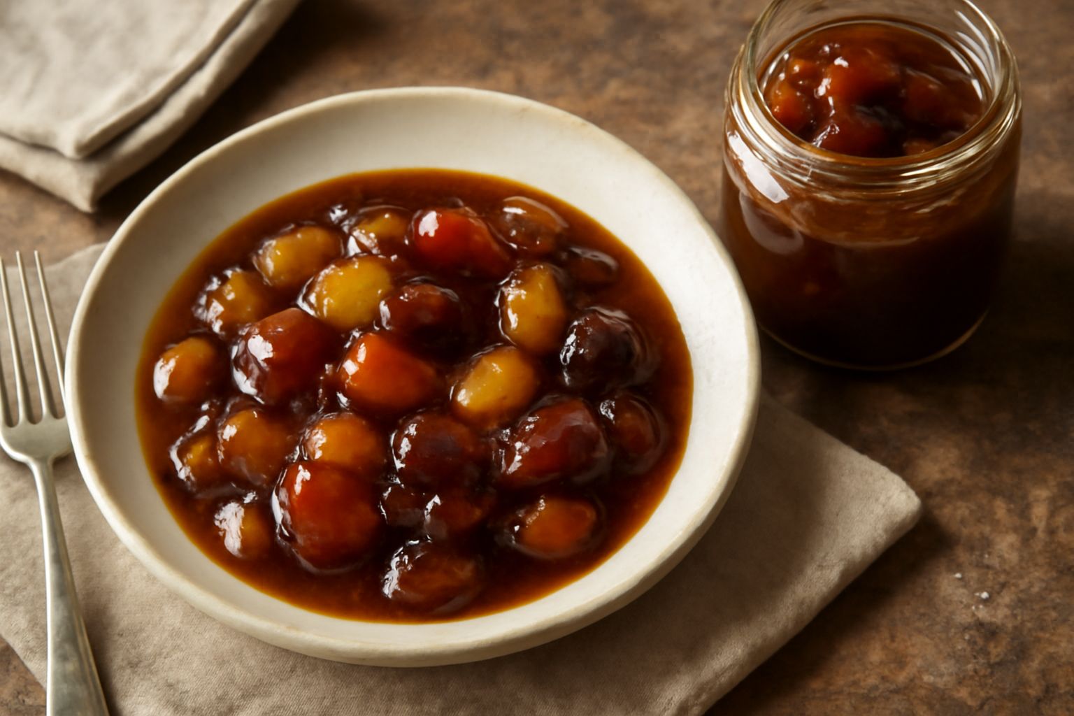 Mostarda genovese in vasetto di vetro: conserva densa di colore ambrato con pezzetti di frutta visibili, spezie nere sparse in superficie, cucchiaio di legno appoggiato sul bordo, sfondo bianco con pa