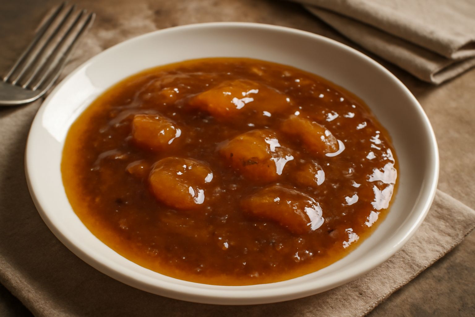 Mostarda liquida ambrata in una ciotola di ceramica bianca, con pezzi di frutta visibili, accanto a fette di pane tostato e una cucchiaio di legno su un tavolo di marmo chiaro