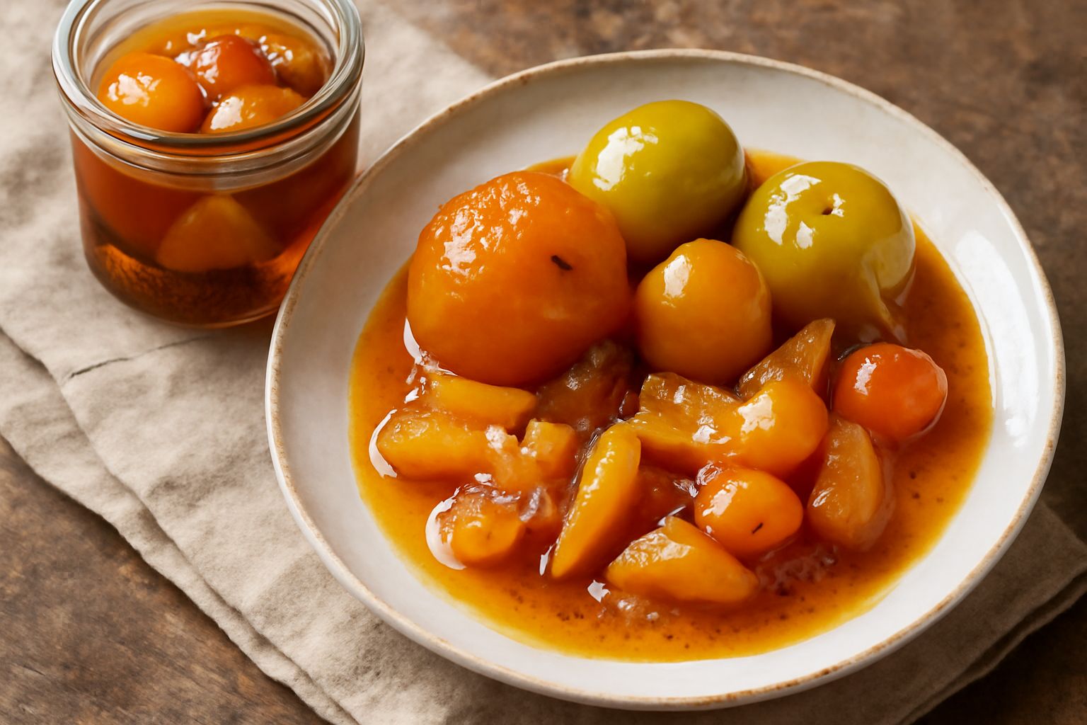Barattoli di vetro con mostarda padovana: frutta intera (mele, pere, pesche) in sciroppo ambrato, semi di senape nera visibili sul fondo e ai lati, etichetta di carta legata con spago naturale