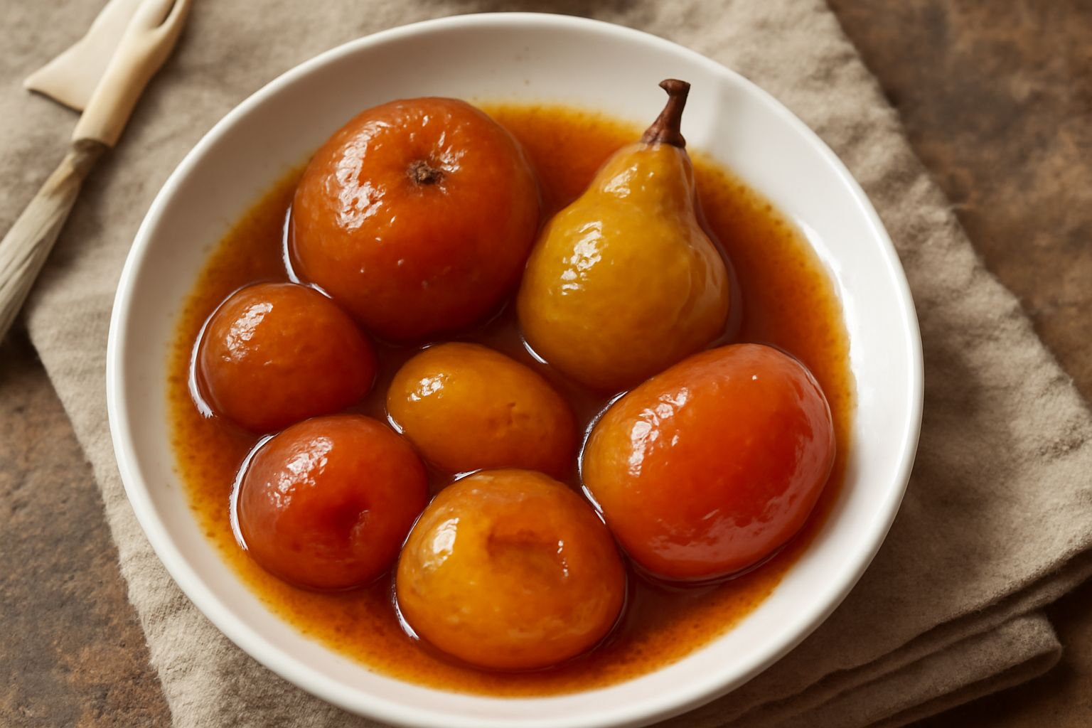 Vasetto di vetro con mostarda pavese: frutti di mela, pera, albicocca e pesche interi canditi in sciroppo ambrato, con gocce di senape visibile sulla superficie lucida