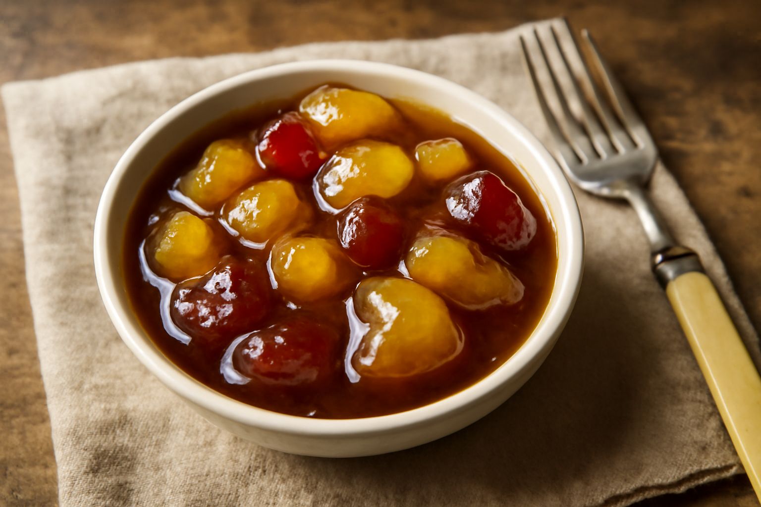 Vasetto di vetro trasparente contenente mostarda piccante color ambra con pezzetti di frutta visibili, decorato con coperchio dorato e etichetta bianca, su fondo di legno chiaro