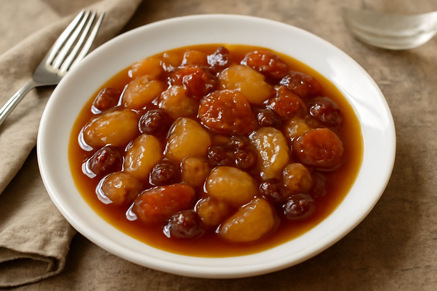 Barattolo di vetro con mostarda senese color ambra con pezzetti di frutta visibili, liquido trasparente e lucido, servita in una ciotola bianca con pane tostato sullo sfondo