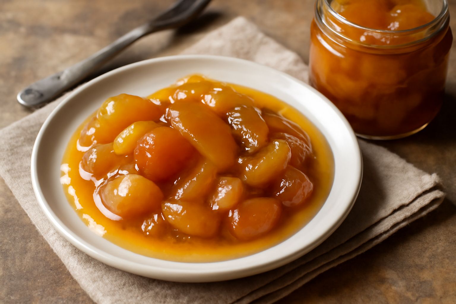 Mostarda siciliana in barattolo di vetro trasparente, conserva dorata e traslucida con pezzi di frutta visibili, su tavolo di legno bianco con cucchiaio di legno accanto