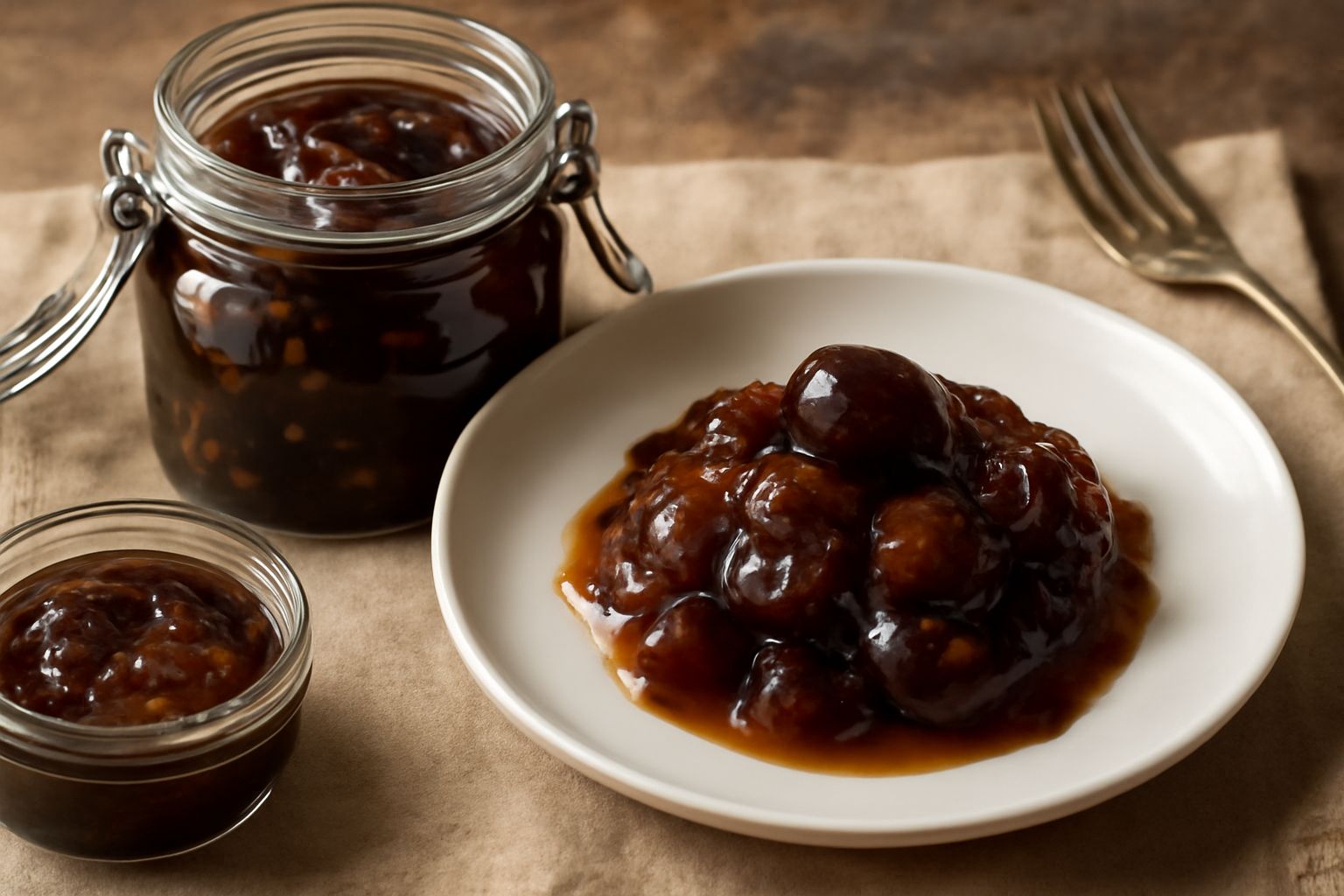 Mostarda toscana in un vasetto di vetro con chiusura ermetica, contenente frutta scura e densa; sullo sfondo una fetta di pane toscano e un piattino con formaggio fresco