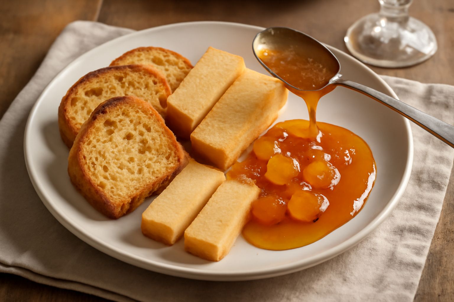 Barattolo di vetro con mostarda veneta dorata e trasparente, contenente dadi di frutta colorata, accanto a biscotti secchi e una piccola ciotola di panna montata bianca su un piatto di ceramica grigia