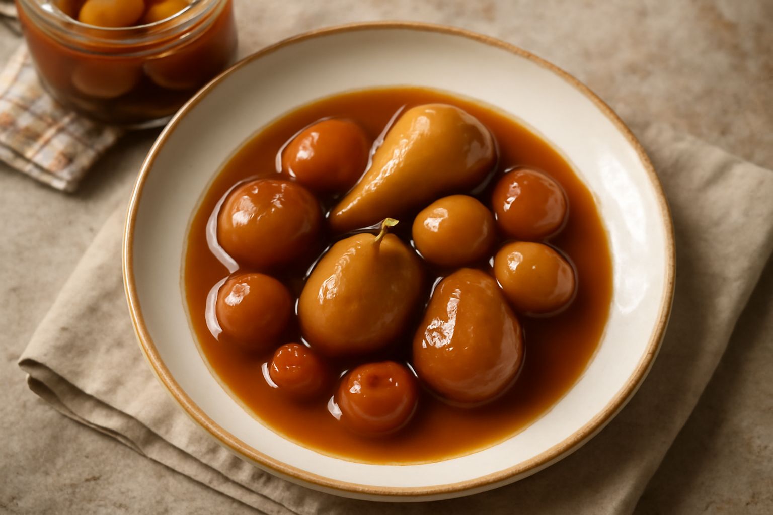 Vasi di vetro con mostarda veneta: frutta intera in salsa densa marrone dorata, con chicchi di senape visibili, accanto a formaggi affettati e pane tostato