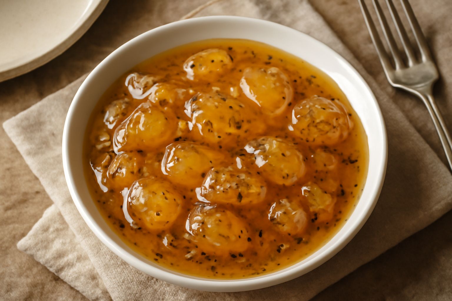 Mostarda vicentina in una ciotola di ceramica bianca: conserva densa agrodolce con pezzi di frutta caramellati, giallo dorato con puntini di senape nera, accanto un vasetto di vetro trasparente e alcu